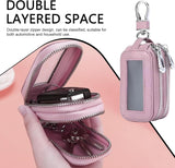 Car Key Fob Case, Double-layer Remote Key Storage Bag with Zipper Closure and Lanyard, for Men Women (Pink)