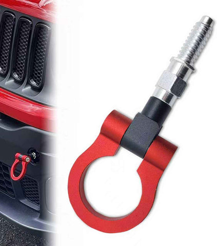 Car Front Bumper Tow Hook, Screw-on European Threaded Racing Style D-ring, Alloy Anti-rust Trailer Recovery Towing Hook, Modification Accessory for Most Car Truck SUV (Red)