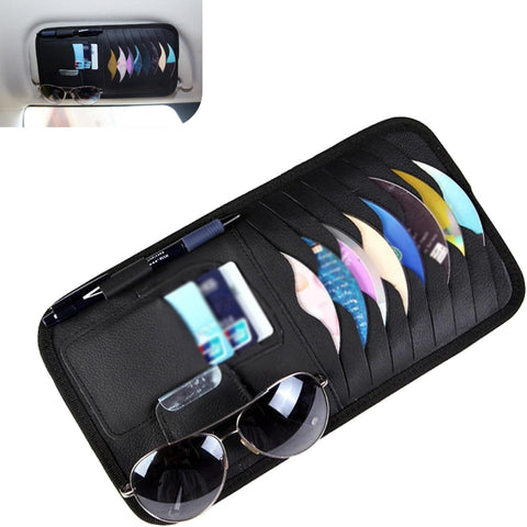 Car Sun Visor CD Holder, Leather Anti-scratch Protective Organizer, Multi-functional Layered Storage Bag for CD Sunglass Card Pen, Clip-on Visor Accessory for Cars (Black)