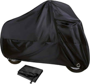 Motorcycle Cover, Waterproof Sun-proof Cloth for All Seasons, Windproof Anti-scratch Shield with Lock‑hole & Buckle Strap, Full Coverage Outdoor Cover for Motorcycle E‑bike Scooter (Black)