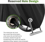 Motorcycle Cover, Waterproof Sun-proof Cloth for All Seasons, Windproof Anti-scratch Shield with Lock‑hole & Buckle Strap, Full Coverage Outdoor Cover for Motorcycle E‑bike Scooter (Black)