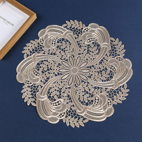 Embroidered Heat Insulation Placemat 6-Pack - Hollow Round PVC Table Mat with Lace Design - Anti-Slip Oil Proof Dining Mat for Kitchen Restaurant - Gold 39cm In Australia - Darrahopens
