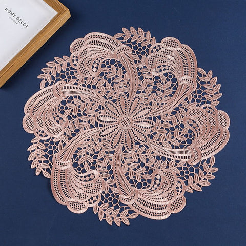 Embroidered Heat Insulation Placemat 6-Pack - Hollow Round PVC Table Mat with Lace Design - Anti-Slip Oil Proof Dining Mat for Kitchen Restaurant - Rose Gold 39cm In Australia - Darrahopens