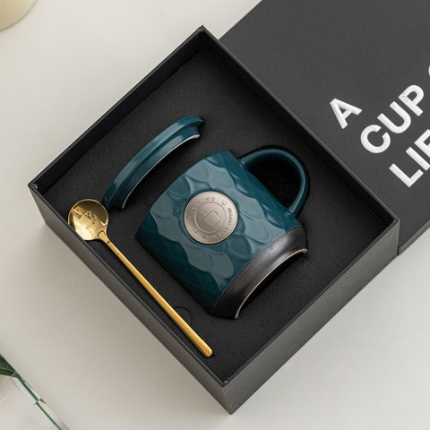 Copper Plate Embossed Ceramic Coffee Mug - Large 500ml Tea Cup with Lid Spoon Gift Box - Retro Bronze Decoration Water Cup - Peacock Green In Australia - Darrahopens