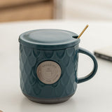 Copper Plate Embossed Ceramic Coffee Mug - Large 500ml Tea Cup with Lid Spoon Gift Box - Retro Bronze Decoration Water Cup - Peacock Green In Australia - Darrahopens