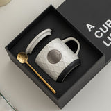 Copper Plate Embossed Ceramic Coffee Mug - Large 500ml Tea Cup with Lid Spoon Gift Box - Retro Bronze Decoration Water Cup - Peacock White