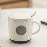 Copper Plate Embossed Ceramic Coffee Mug - Large 500ml Tea Cup with Lid Spoon Gift Box - Retro Bronze Decoration Water Cup - Peacock White In Australia - Darrahopens