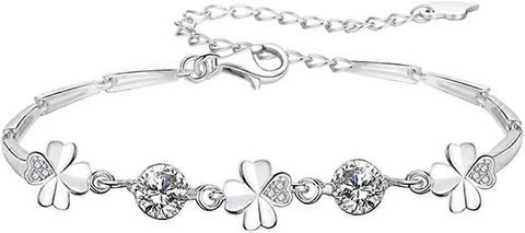 Silver Bracelet for Women,Four-Leaf Clover Bracelet Shiny Crystal Diamond Adjustable Bracelet Mother's Day Jewelry Gift Birthday Christmas Gifts for Women