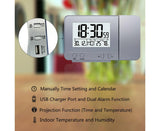 Desk Snooze LED Digital Backlight Date Function USB Charge Alarm Clock Projector-Silver - Silver