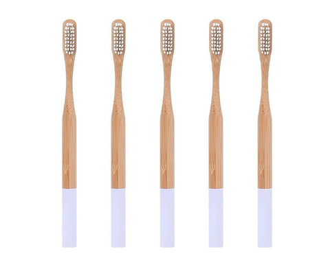 5Pcs Round Bamboo Handle Home Travel Adult Soft Bristles Dental Care Toothbrush-White