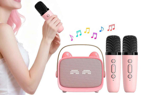 Mini Karaoke Machine Toys Gifts Portable MP3 Player with 2 Wireless Microphone - Pink