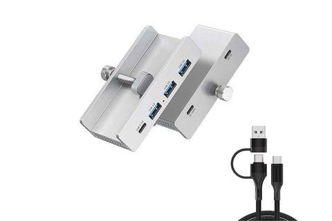 USB Hub 3.0 Aluminum 4-Port USB Adapter with 3 USB-A Data Ports for Monitors Desks - Silver