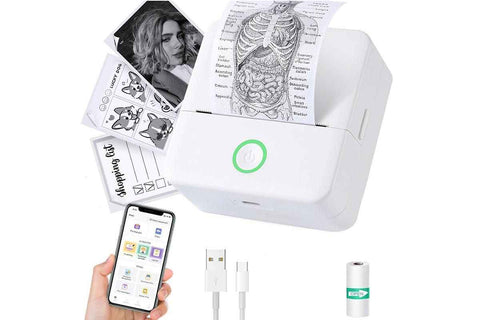 Thermal Mini Printer Mini Pocket Wireless Thermal Printer Bluetooth Photo Inkless Sticker Printer Compatible with iOS&Android - White