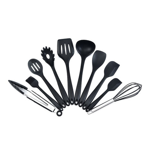 10pcs Silicone Kitchen Utensils Non-stick Cookware Spatula Spoon Cookware Set - Black