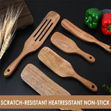 5 Pack Teak Wooden Spatula Set Non-Stick Pan Kitchen Cooking Utensils Brown
