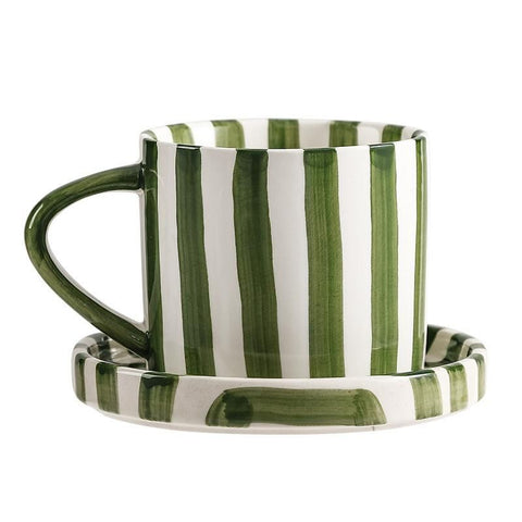 8 Oz Striped Ceramic Coffee Cup With Dish - Green In Australia - Darrahopens