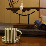 8 Oz Striped Ceramic Coffee Cup With Dish - Green In Australia - Darrahopens