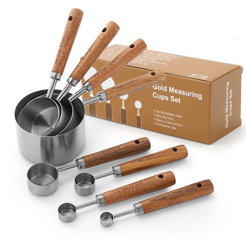 Measuring Cups Spoons Set Stainless Steel Wood Handle Premium Kitchen Baking Silver In Australia - Darrahopens