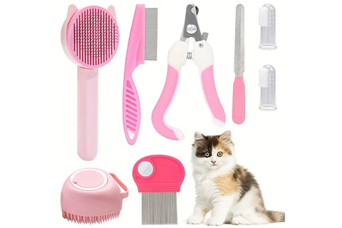 Pet Grooming Kit 8 Piece Nail Clipper File Deshedding Brush Flea Comb Toothbrush - Pink