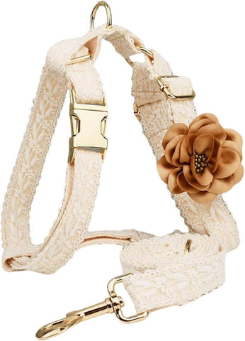 Pet Harness Leash Set Lace Embroidered Escape Resistant Adjustable White L
