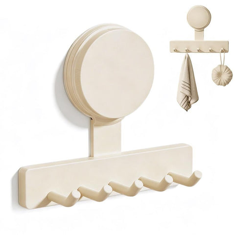 5 Hook Suction Cup Towel Rack Wall Mounted No Drill Bathroom Holder for Shower - White
