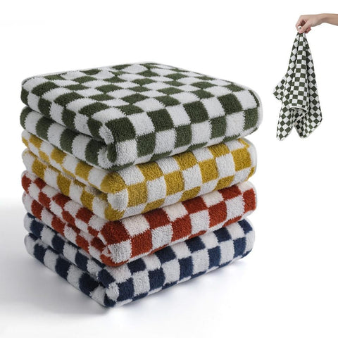 4 Piece Checkered Coral Fleece Towel Set Bath Face Towels - Green & Yellow & Red & Blue In Australia - Darrahopens