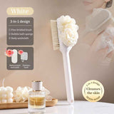 3-in-1 Multi-Functional Long-Handled Body Scrub Brush: Bath Sponge + Soft-Bristle Brush + Washcloth All-in-One, Home Exfoliating Bath Brush, Back Scrubber—White