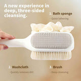 3-in-1 Multi-Functional Long-Handled Body Scrub Brush: Bath Sponge + Soft-Bristle Brush + Washcloth All-in-One, Home Exfoliating Bath Brush, Back Scrubber—White