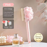 3-in-1 Multi-Functional Long-Handled Body Scrub Brush, Combining Bath Sponge + Soft-Bristle Brush + Washcloth in One, Home Exfoliating Bath Brush, Back Scrubber - Pink