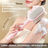 3-in-1 Multi-Functional Long-Handled Body Scrub Brush, Combining Bath Sponge + Soft-Bristle Brush + Washcloth in One, Home Exfoliating Bath Brush, Back Scrubber - Pink