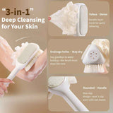 3-in-1 Multi-Functional Long-Handled Body Scrub Brush, Combining Bath Sponge + Soft-Bristle Brush + Washcloth in One, Home Exfoliating Bath Brush, Back Scrubber - Pink