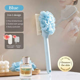 3-in-1 Multi-Functional Long-Handled Bath Brush, Combining Bath Sponge, Soft-Bristle Brush, and Washcloth in One, Home Exfoliating Bath Brush, Back Scrubber - Blue