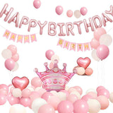 Birthday Party Decor Set: “HAPPY BIRTHDAY” Balloons + Bunting + Crown Set, Birthday Party Decor - Pink Set