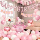 Birthday Party Decor Set: “HAPPY BIRTHDAY” Balloons + Bunting + Crown Set, Birthday Party Decor - Pink Set