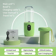 Portable Electric Juicer Cup, with Digital Display for Home Use, High-Power 16-Blade Head, Large-Capacity Outdoor Portable Wireless Charging Juicer Cup, Food-Grade Material with Child Safety Lock Design - Green