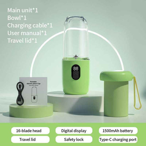 Portable Electric Juicer Cup, with Digital Display for Home Use, High-Power 16-Blade Head, Large-Capacity Outdoor Portable Wireless Charging Juicer Cup, Food-Grade Material with Child Safety Lock Design - Green