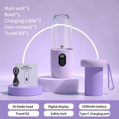 Portable Electric Juicer Cup with Digital Display for Home Use, High-Powered 16-Blade Head, Large-Capacity Outdoor Portable Wireless Charging Juicer Cup, Food-Grade Material with Child Safety Lock—Purple