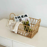 Handwoven paper rope storage basket with a rectangular design and two handles; perfect for organizing desk clutter, snacks, and cosmetics; Bohemian-style storage basket