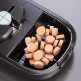 2-in-1 Pill Cutter with Storage Box, Adjustable Rotary Clip Pill Splitter for Halving and Quartering, Portable Travel Medicine Container for Various Tablet Sizes - White