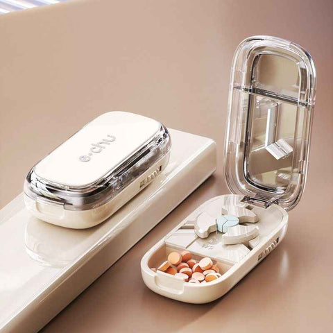 2-in-1 Pill Cutter with Storage Case, 1/2 & 1/3 Equal Parts Adjustable Tablet Splitter, Portable Travel Medicine Box - White