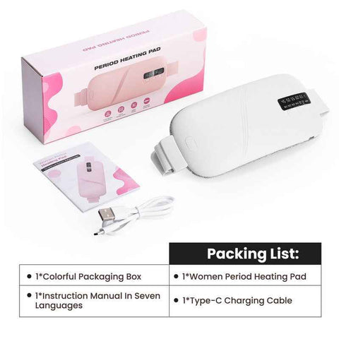 LED Display Period Heating Belt for Women, 5 Heat Settings & 4 Vibration Modes Wireless Menstrual Cramp Relief Waist Heating Pad - White