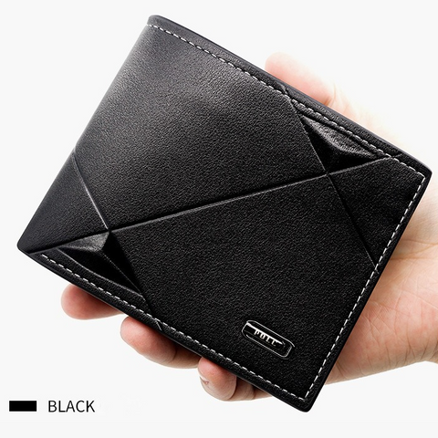 Men's Short Bifold PU Wallet, Geometric Embossed Billfold with Multiple Card Slots and Zipper Coin Pocket for Business, Casual, and Daily Use - Black