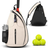 Multifunction Sling Tennis Bag, Waterproof Oxford Crossbody Sports Backpack, with Water Bottle Pocket & Hidden Ball Compartment—White