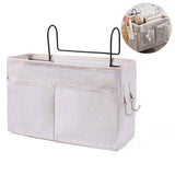Bedside Caddy Storage Organizer with Metal Hooks, Multi-Pocket Linen Hanging Bed Caddy for Dorm Bunk Beds, Sofas—White