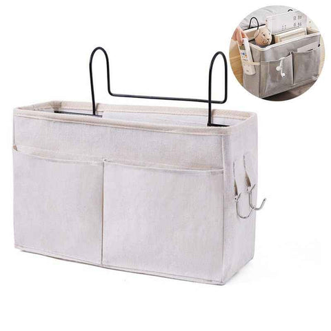 Bedside Caddy Storage Organizer with Metal Hooks, Multi-Pocket Linen Hanging Bed Caddy for Dorm Bunk Beds, Sofas—White