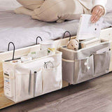 Bedside Caddy Storage Organizer with Metal Hooks, Multi-Pocket Linen Hanging Bed Caddy for Dorm Bunk Beds, Sofas—White