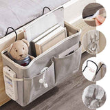 Bedside Caddy Storage Organizer with Metal Hooks, Multi-Pocket Linen Hanging Bed Caddy for Dorm Bunk Beds, Sofas—Gray