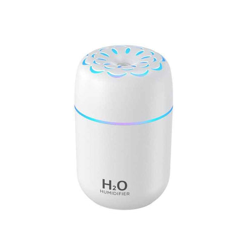 Flower Nozzle Mini USB Humidifier, 250ml Portable Cool Mist Humidifier with RGB Night Light, for Car, Bedroom, or Desk - White
