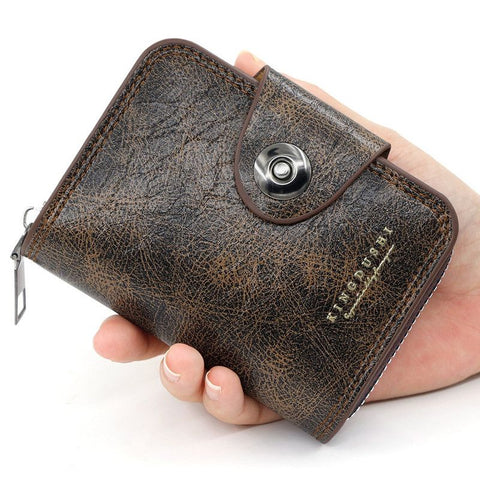Vintage Waxed PU Leather Card Holder Wallet, Snap Button Zipper Coin Purse, Multi-Card Slot Mini Credit Card Case for Men and Women (Dark Brown)