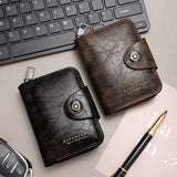 Vintage Waxed PU Leather Card Holder Wallet, Snap Button Zipper Coin Purse, Multi-Card Slot Mini Credit Card Case for Men and Women (Dark Brown)